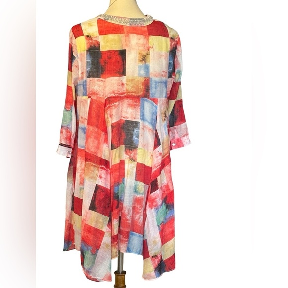 DKNY Patchwork Beach Coverup. SZ XL.  3/4‎ Sleeves. Pearl Encrusted Neckline. - Picture 6 of 14